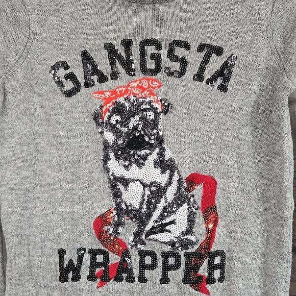 H&M Gangsta Wrapper Sequin Pug Dog Gray Crew Neck Sweater Urban Hip Christmas XS - Picture 3 of 14